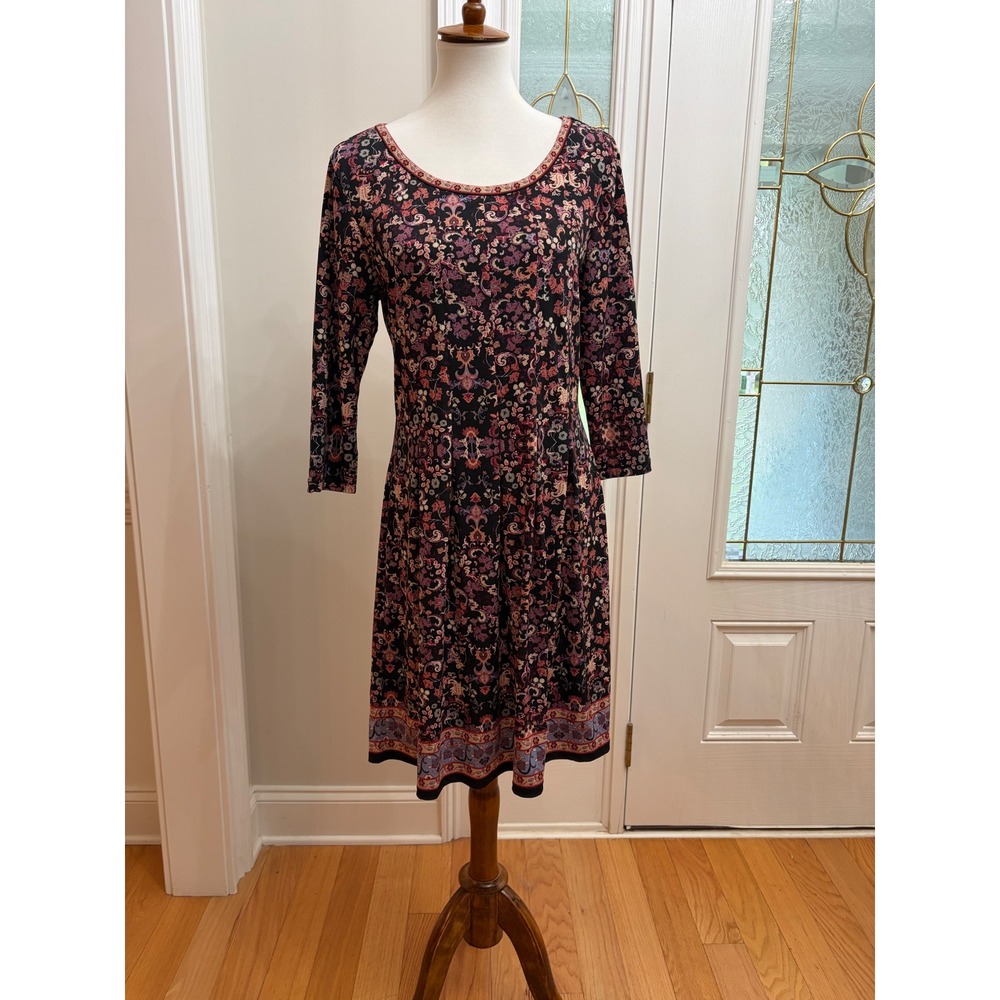 Max Studio Womens Floral Jersey Boho Dress Paisley Damask 3/4 Sleeve Black Red
